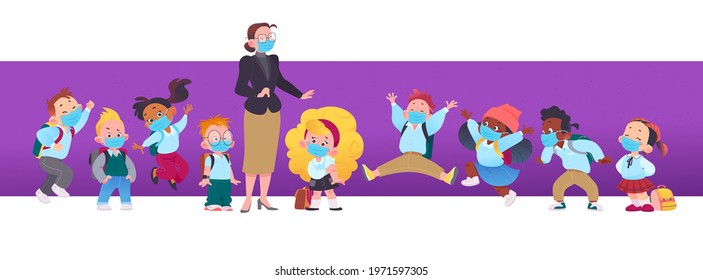 Portrait of teacher and boys and girls pupils wearing face masks standing isolated. Virus protection, health care and new social distance concept. Vector flat illustration.