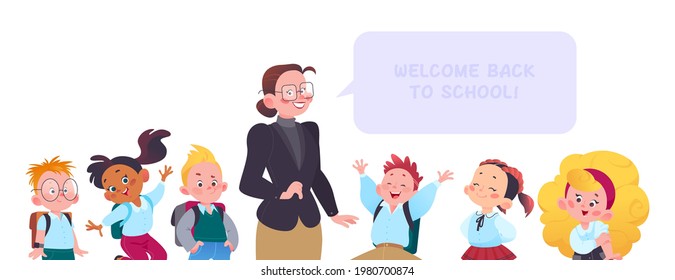 Portrait of teacher, boys and girls pupils characters isolated on white background. Back to school concept. Vector flat cartoon illustration. For banners, ads, packaging.
