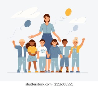 Portrait of teacher with children hugging and holding hands against backdrop of balloons flying into sky. Happy safe childhood concept. Flat cartoon vector illustration.