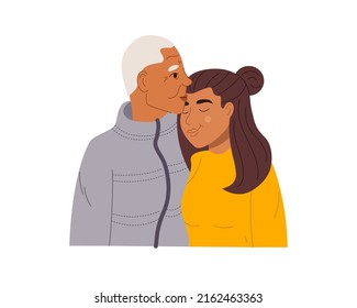 Portrait Of Teen Daughter And Her Elderly Gray Headed Father. Happy Black African American Family Hug And Feel Love For Each Other. Flat Vector Illustration Isolated On White Background