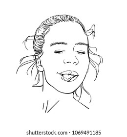 Portrait of teenage girl with closed eyes going crazy showing her tongue, Vector black linear sketch on white background