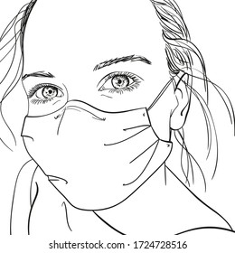 Portrait of teenage girl in medical face mask, Vector sketch hand drawn illustration