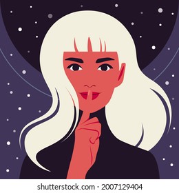 Portrait of a teenage girl put a finger to her lips. Secret information. The face of a mysterious child. Vector flat illustration
