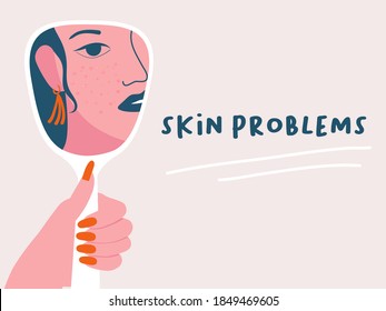 Portrait of teenager Girl looking at the mirror. Beauty, skin care lifestyle concept. Hand drawn style vector design illustrations. Young woman with acne. Skin conditions problems and dermatology.