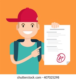 Portrait of teenager showing perfect test results with A plus. A paper with the top university grade. Vector flat  illustration. Eps 8