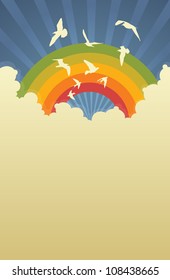 Portrait template of cloudy sky with rainbow and birds.