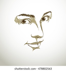 Portrait of tender dreamy still woman, black and white vector drawing. Emotional expressions idea image, face features. Monochrome illustration.