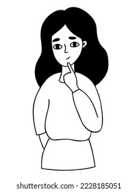 Portrait of thinking cute girl with long hair. Vector illustration. Linear hand drawing doodle.