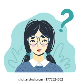 Portrait of thinking young girl in glasses, searching for ideas. Question concept. Hand-drawn character. Vector illustration.	