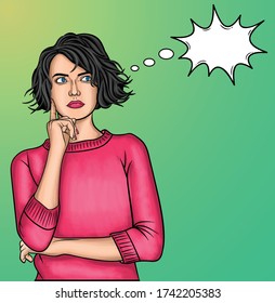 Portrait of a thoughtful cute pop art girl with a short hair, wearing a pink sweater, finger on her face