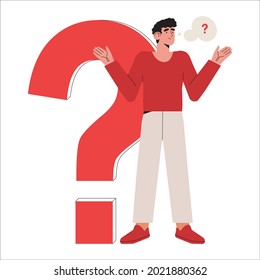 Portrait of thoughtful people. Smart man standing near big question mark thinking or solving problem. Pensive male character with thought bubble. Flat cartoon vector illustration.