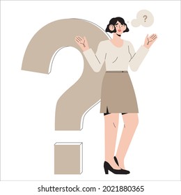 Portrait of thoughtful people. Smart woman standing near big question mark thinking or solving problem. Pensive female character with thought bubble. Flat cartoon vector illustration.