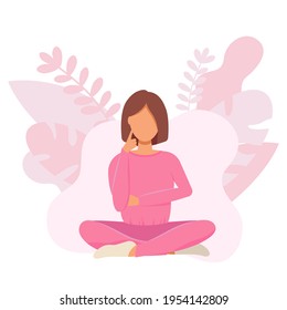 Portrait of thoughtful person. Woman sitting and thinking.Thoughtful woman in pajamas. Meditation and thinking about life. Flat vector illustration. 