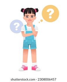 Portrait of a thoughtful schoolboy. A smart, thinking child who solves problems. A little girl surrounded by question bubbles. Children's problems. The kid has a question. Vector cartoon illustration.