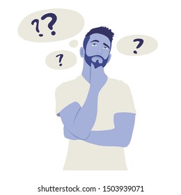 portrait of thoughtful smart man. thinking or solving a problem. trendy colored adult character surrounded by thought bubbles. Flat cartoon vector illustration.