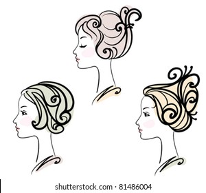 portrait of three female with stylized hairstyles