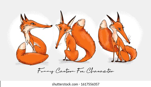 Portrait of a three Funny Cartoon Fox Characters. For Humor card, t-shirt composition. Hand drawn style print. Vector illustration.