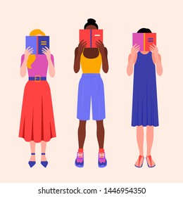 Portrait Of Three Girls In Full Growth Reading Books. Women Of Different Races. Bookstore Staff. Students Vector Flat Illustration