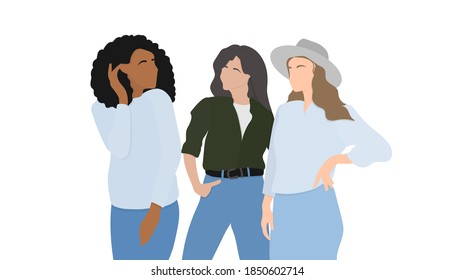 Portrait of three young beautiful smiling hipster girls in trendy clothes. Positive models having fun. Carefree women posing on the street.