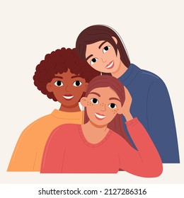 Portrait of three young female friends of different skin colors. Beautiful women smile, enjoy their friendship. The concept of female support and care. Flat vector illustration.
