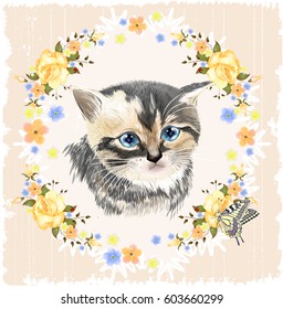 Portrait of three-colored kitten and Butterfly.  House pet. Vintage ornamental background. Floral frame with roses.