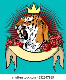 Portrait of a tiger with a crown, banner and roses in an old school tattoo style