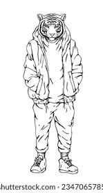 Portrait of Tiger dressed in a jacket and trousers. Hand-drawn illustration. Vector