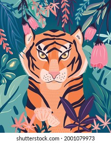 Portrait of a tiger in a jungle surrounded with colorful plants. Vector illustration. 