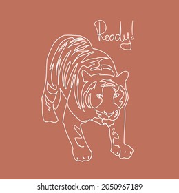 Portrait of tiger ready to jump. Line art vector
