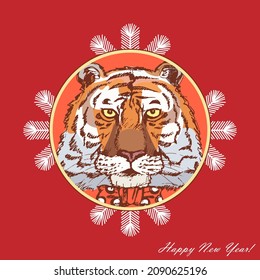 Portrait of a tiger in a round frame on a red background. Stylized image. Sketch. At the bottom right there is an inscription - Happy New Year! Vector illustration