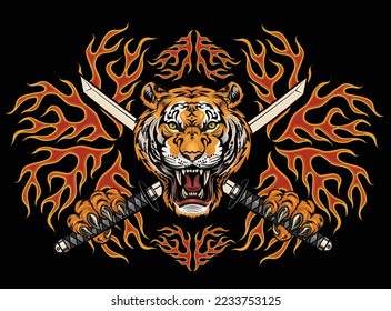 Portrait of Tiger. Tiger with swords tattoo