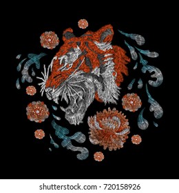 portrait of a tiger. traditional stylish fashionable embroidered embroidery on a black background. sketch for printing on fabric, bag, clothes, accessories and design. trend vector