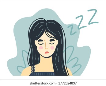 Portrait of a tired exhausted falling asleep woman with tousled hair. Hand-drawn character. Vector illustration.