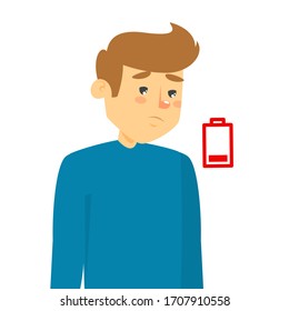Portrait of a tired man vector isolated. Fatigue, low battery symbol. Exhausted sad guy, low level of energy.