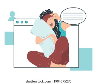 Portrait of a tired young woman wearing sleeping mask and pajamas hugging pillow