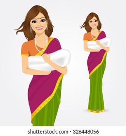 portrait of traditional indian woman holding her baby  isolated over white background