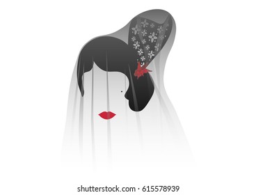 Portrait of traditional Latin or Spanish woman veiled  in modern representation, flamenco dancer, Vector illustration transparent background