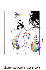 Portrait of a transsexual with black  haircut. Rainbow colored lips and bikini. LGBT concept. Vector illustration isolated on white. Hand drawn art of a modern girl. LGBT sign for textiles and fabric