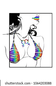 Portrait of a transsexual with black 
 haircut. Rainbow colored lips and bikini.
 LGBT concept. Vector illustration isolated on white. Hand drawn art of a modern girl.LGBT sign for textiles and fabric