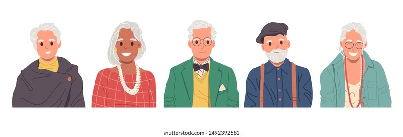 Portrait of trendy fashion old senior people cartoon characters wearing modern casual clothing