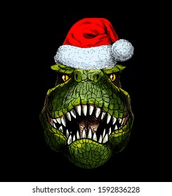 Portrait of T-Rex in red santa hat on black background, full color sketch, hand drawn vector illustration