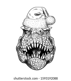 Portrait of T-Rex in Santa hat, ink sketch, hand drawn vector illustration
