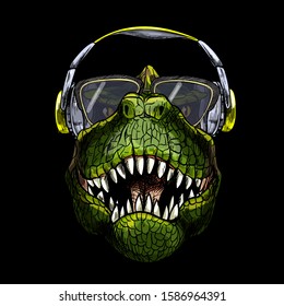 Portrait of T-Rex in sunglasses and headphones, full color sketch, hand drawn vector illustration