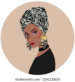 Portrait in a turban African woman. Girl power. Simple flat cartoon style. Multination of society.