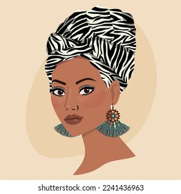 Portrait in a turban African woman. Girl power. Simple flat cartoon style. Multination of society.