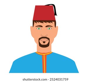 Retrato de hombre turco con sombrero tradicional. Personas y concepto de cultura exótica Arte vectorial