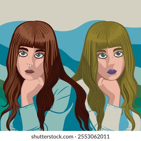 Portrait of twins sisters with brown hair and blonde hair with abstract background. Pop art.