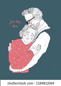 Portrait of two aged people friendly hugging. Dating Man and Woman embracing and express care and love. Isolated on white background. Just hug lettering. Illustration for poster, banner, magazine
