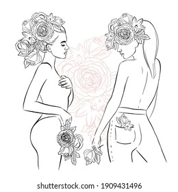 Portrait of a two beautiful girl drawn by one line and flowers. Femininity and spring concept. Vector illustration. Fashion trend simplicity