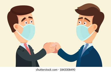 Portrait of two businessmen in medical masks greeted with fists bumping. A safe greeting during the coronavirus pandemic. Vector illustration, flat design cartoon style, isolated background.